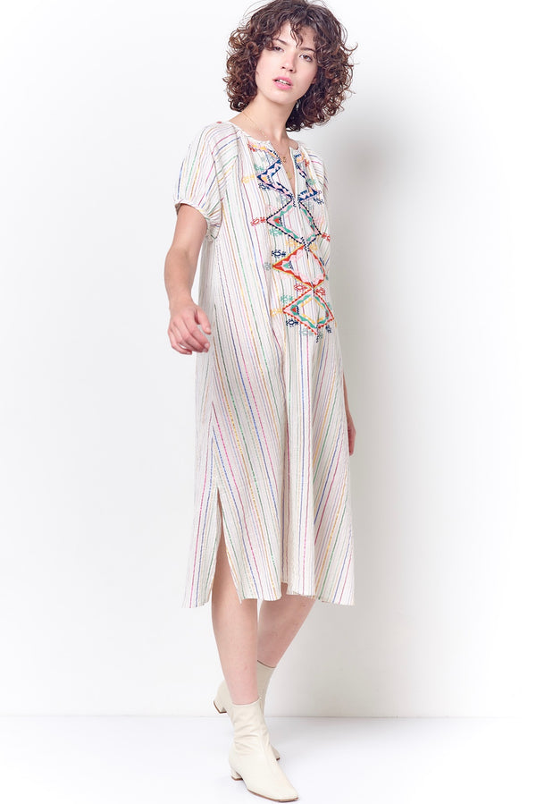 JESSICA Peasant Dress with Embroidery -Stripe